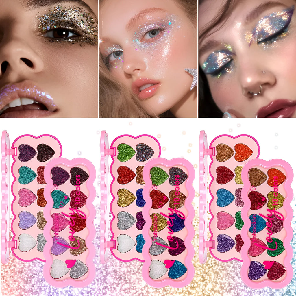 Ten-colour pearlescent heart sequin eyeshadow palette showing multiple shades