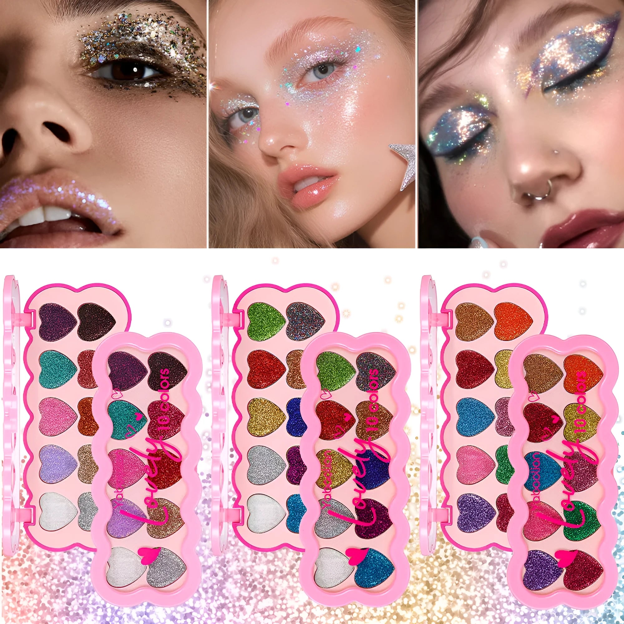 Ten-colour pearlescent heart sequin eyeshadow palette showing multiple shades