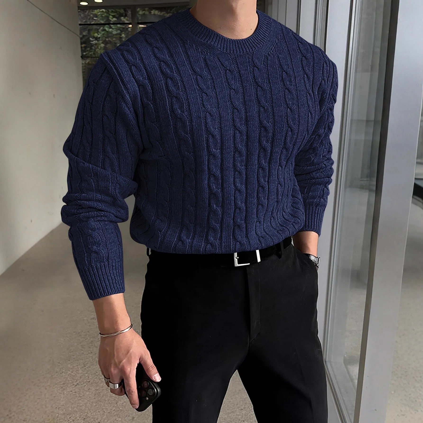 Men's thick knit turtleneck sweater in dark blue, polyester fibre pullover for autumn and winter casual wear