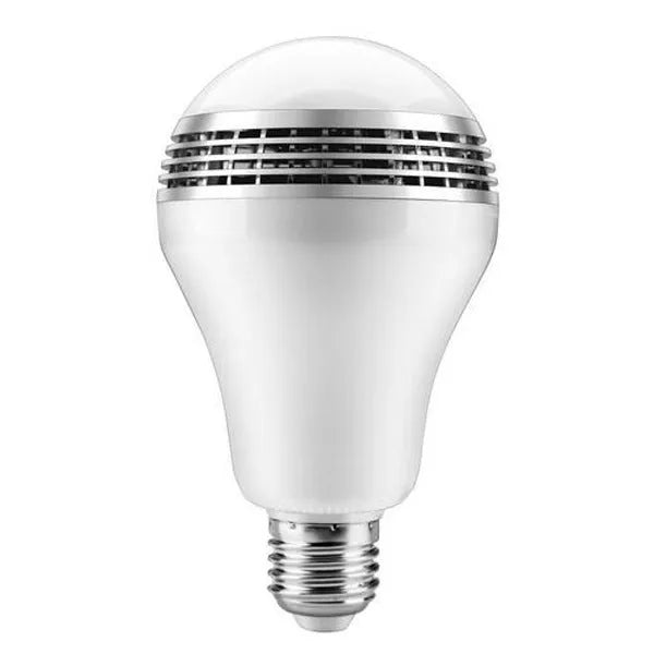 E27 LED smart bulb with Bluetooth speaker showing RGB+W colour changing light capabilities