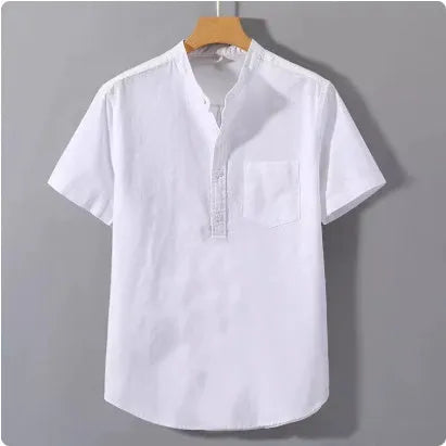 Men's beige linen casual shirt with stand collar and short sleeves in loose fit