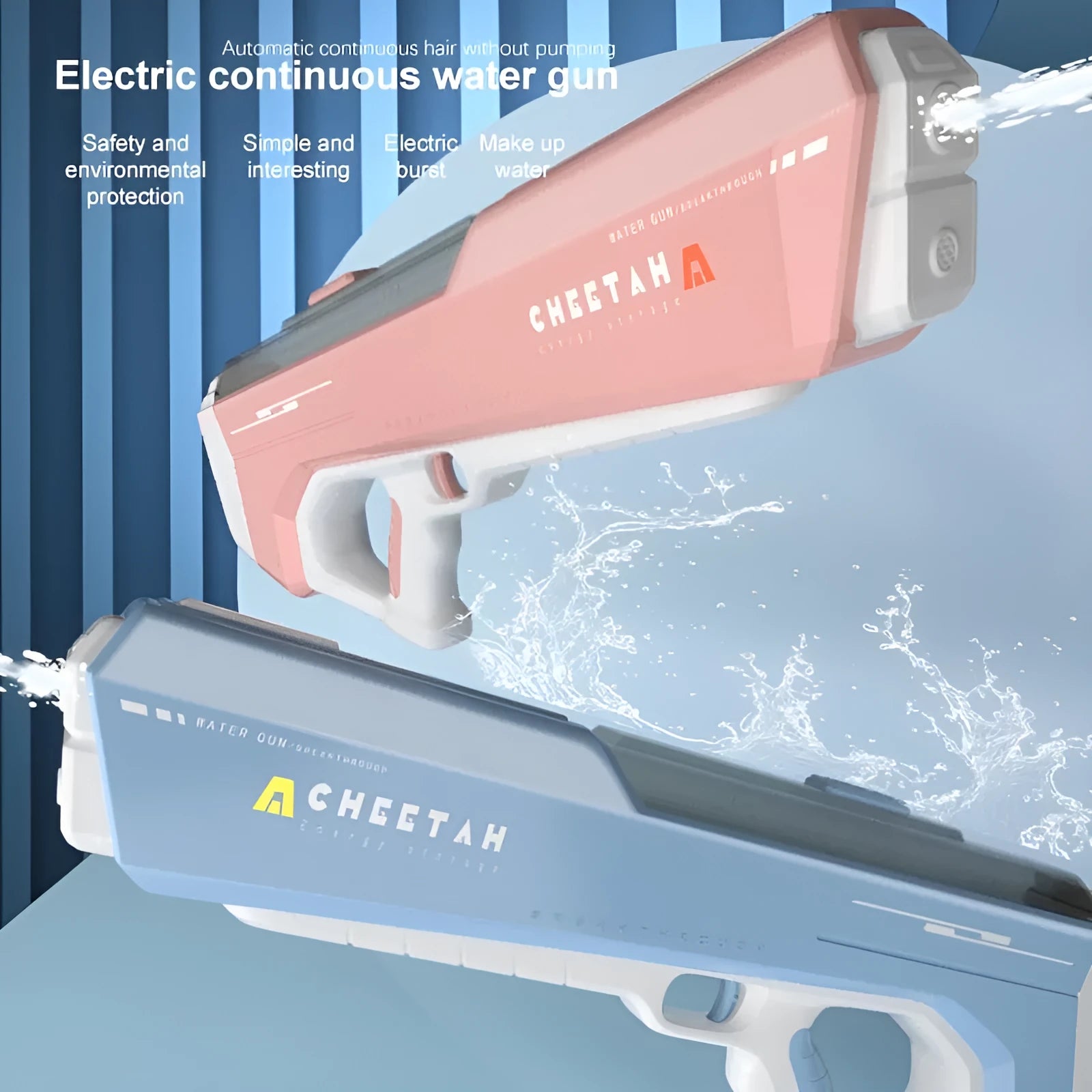 Fully electric water gun toy in sky blue with trigger and USB charging cable for summer outdoor play