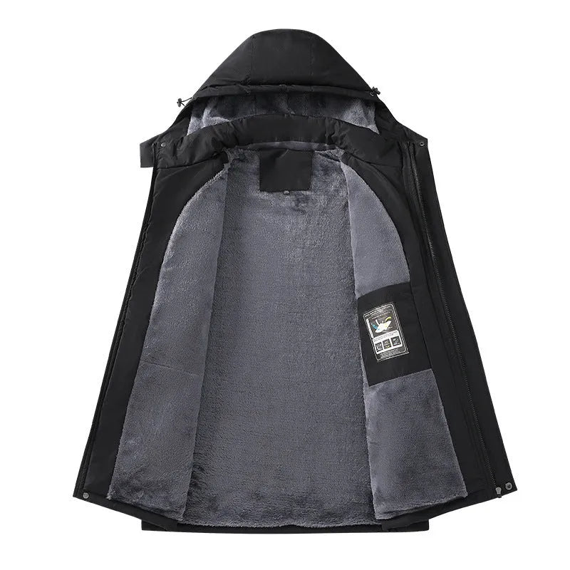A man's loose-fitting hooded waterproof coat in army green, shown on a hanger.