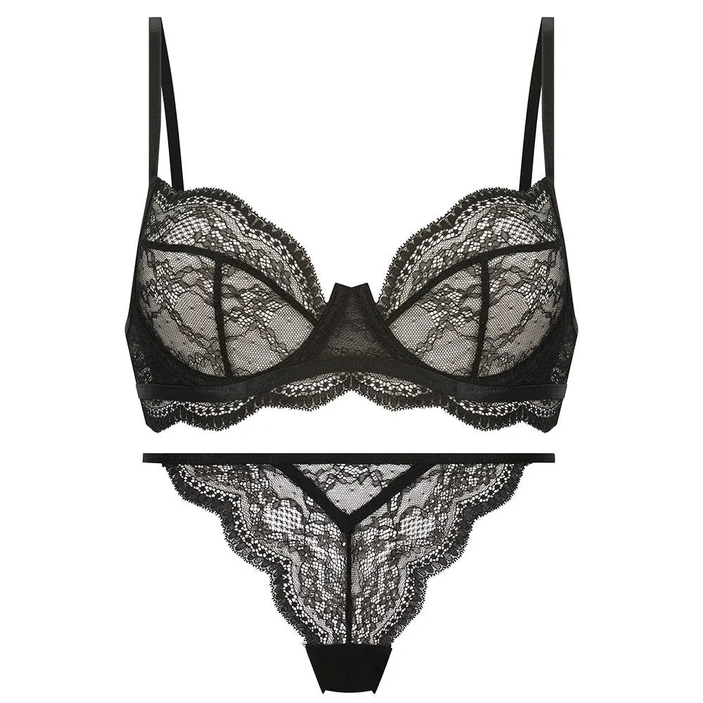 Women's black red green nylon French bra bikini set with fixed double-shoulder straps
