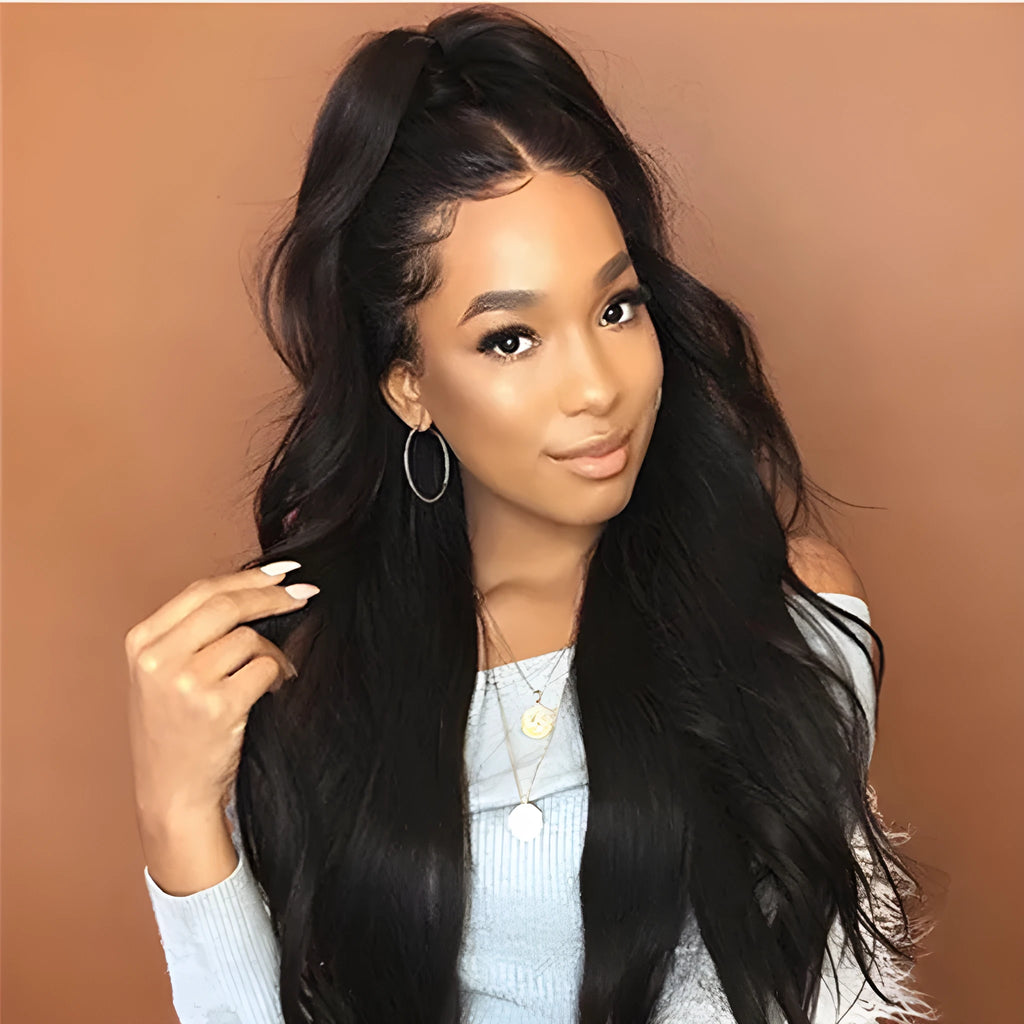 Black realistic long curly wig with oblique bangs, 65cm length, made from high temperature matt chemical fibre