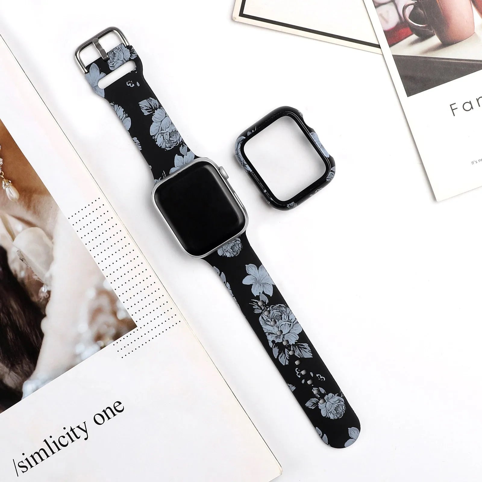 Printed silicone strap for Apple Watch showing design options and size variations