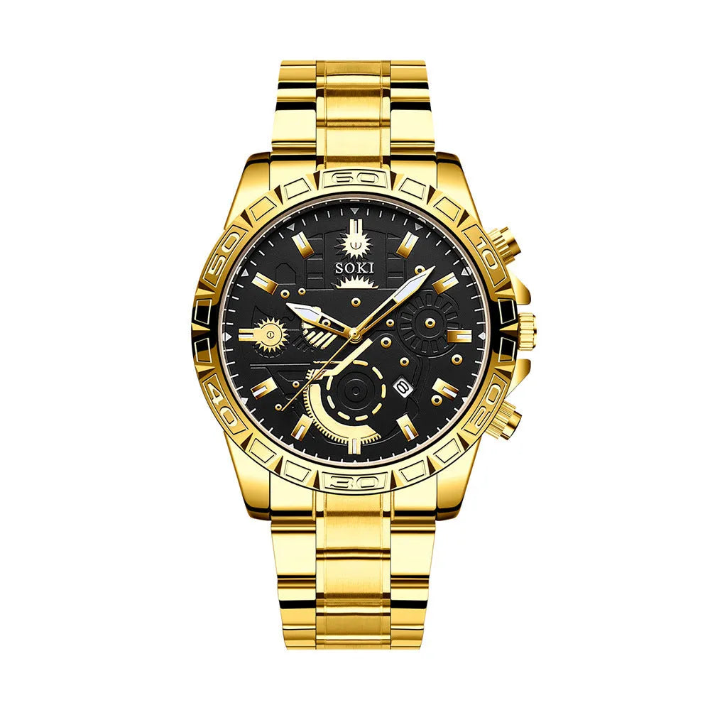 Gold-coloured men's stainless steel business quartz watch with calendar display