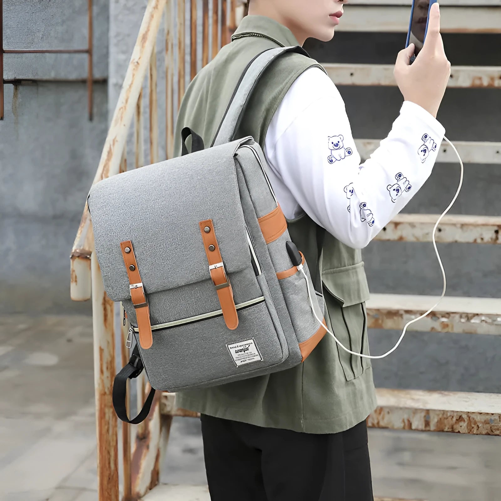Three-piece backpack set in Oxford cloth with curved shoulder straps