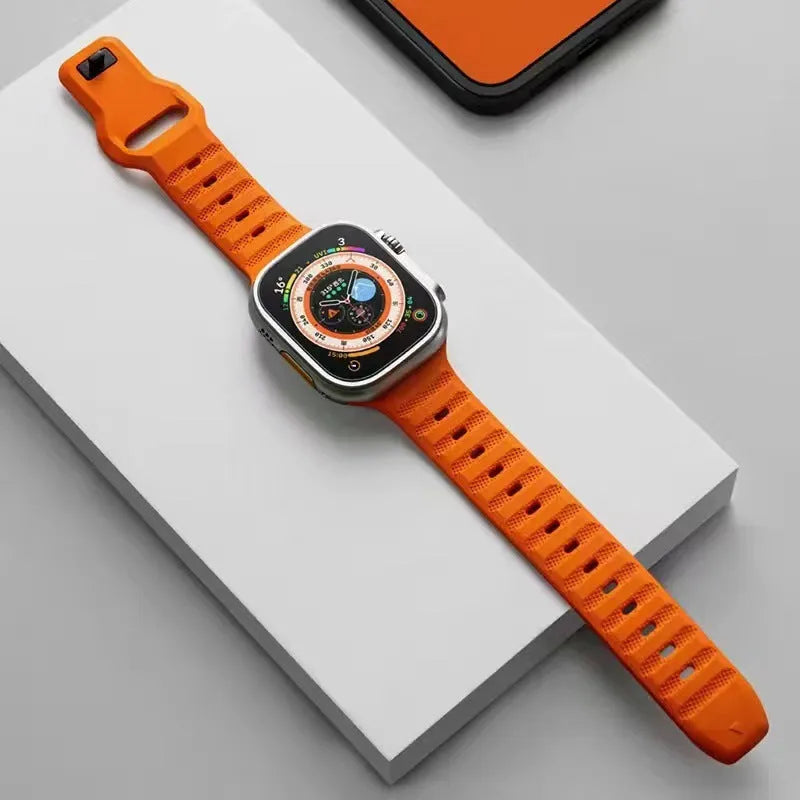 Fluoro rubber watch strap for Apple Watch Ultra and Series 8 to 1 in various colours with T-buckle.