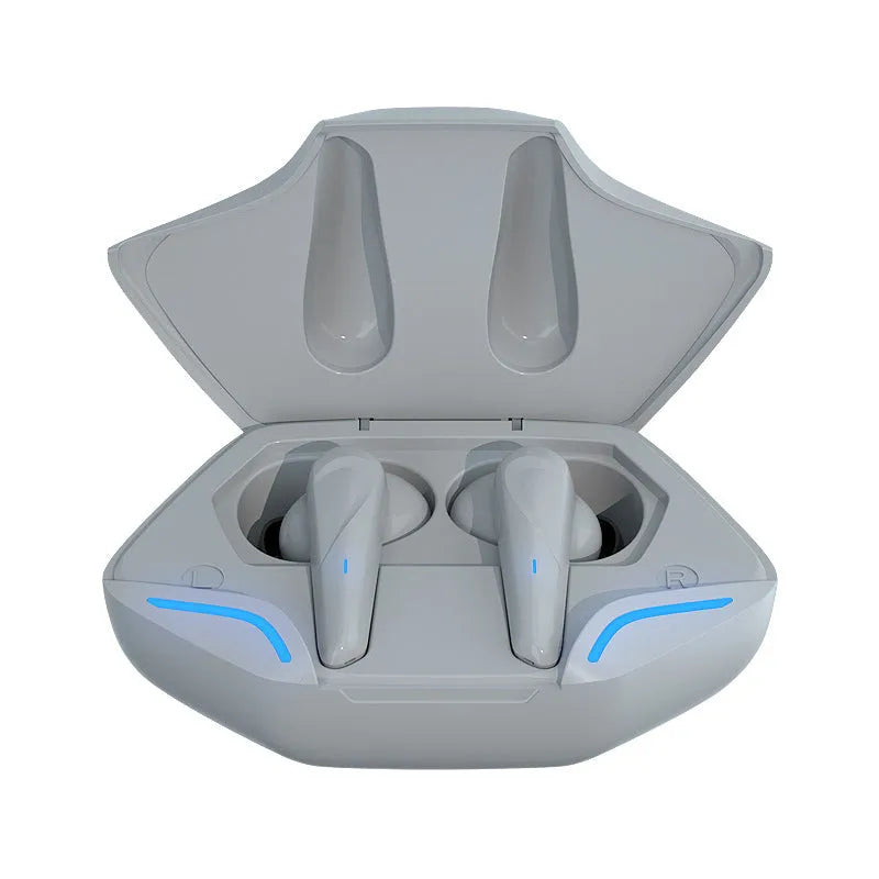 Black wireless Bluetooth gaming earbuds and a matching portable USB charging case on a grey background.