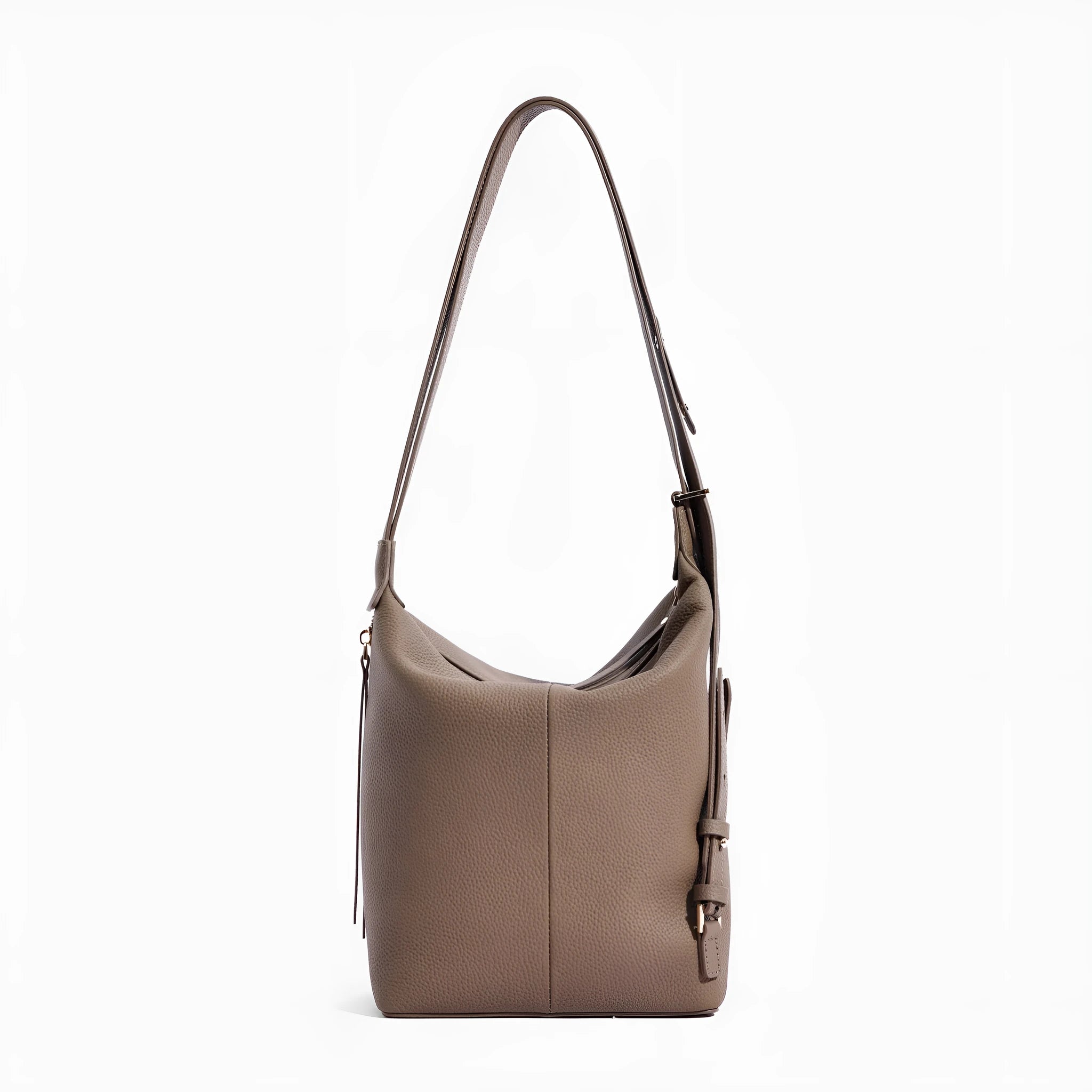 Women's first layer cowhide large-capacity bucket bag in elephant gray, genuine leather shoulder bag