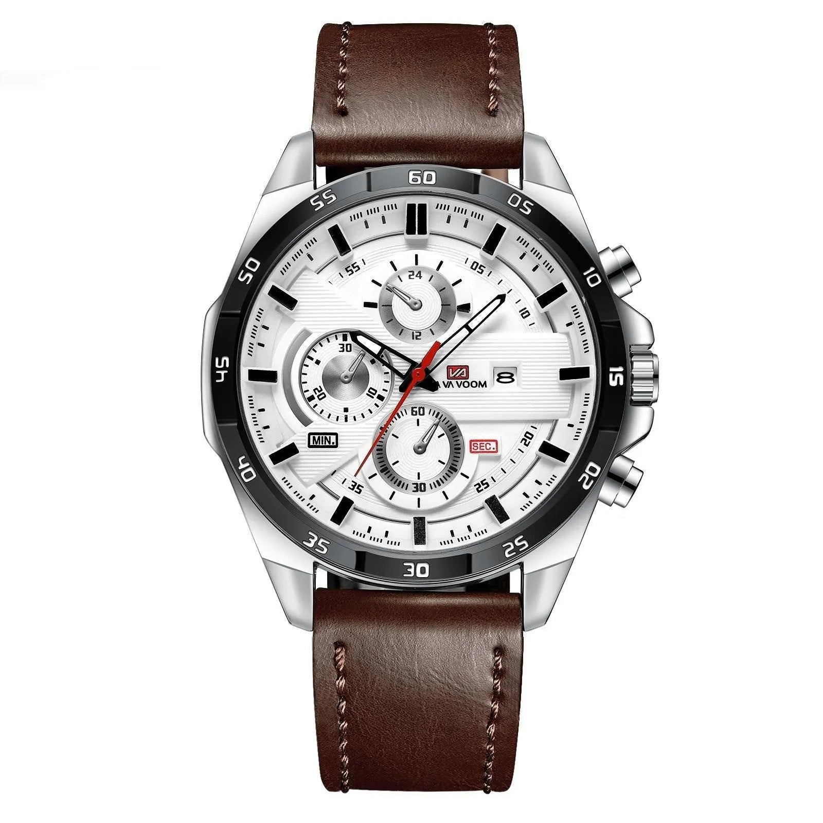 Men's casual quartz watch with business calendar on black leather strap and rose gold case.