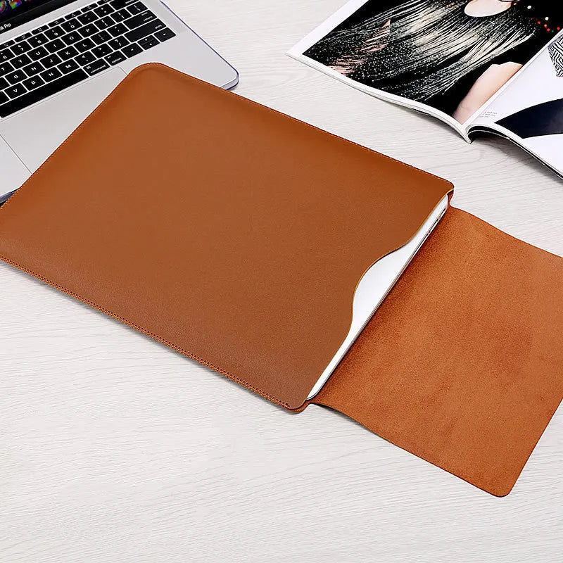 Business selvedge PU notebook liner bag set with flip-in magnetic closure in brown, showing laptop, power supply, mouse, and cable pouches