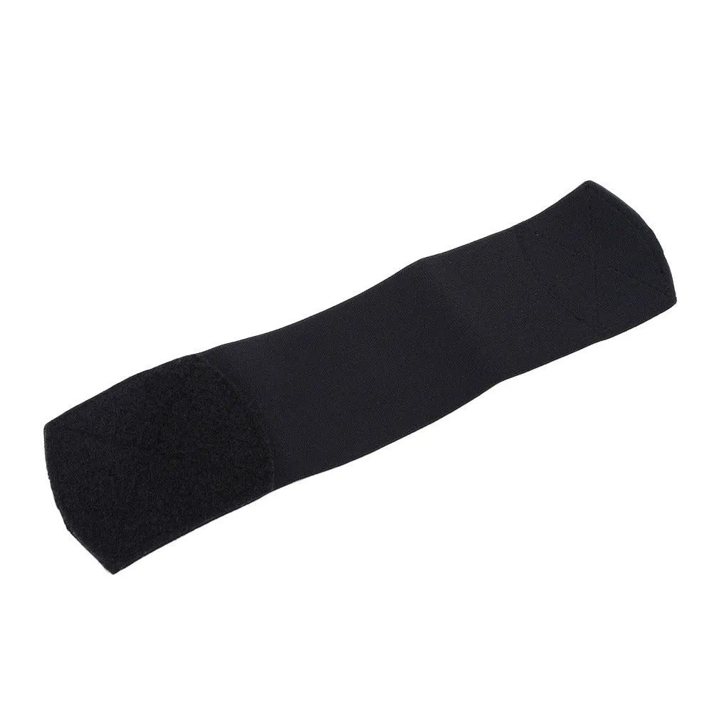 Red elastic rubber shin guard strap band for football sports, dimensions 25cm by 6.5cm.