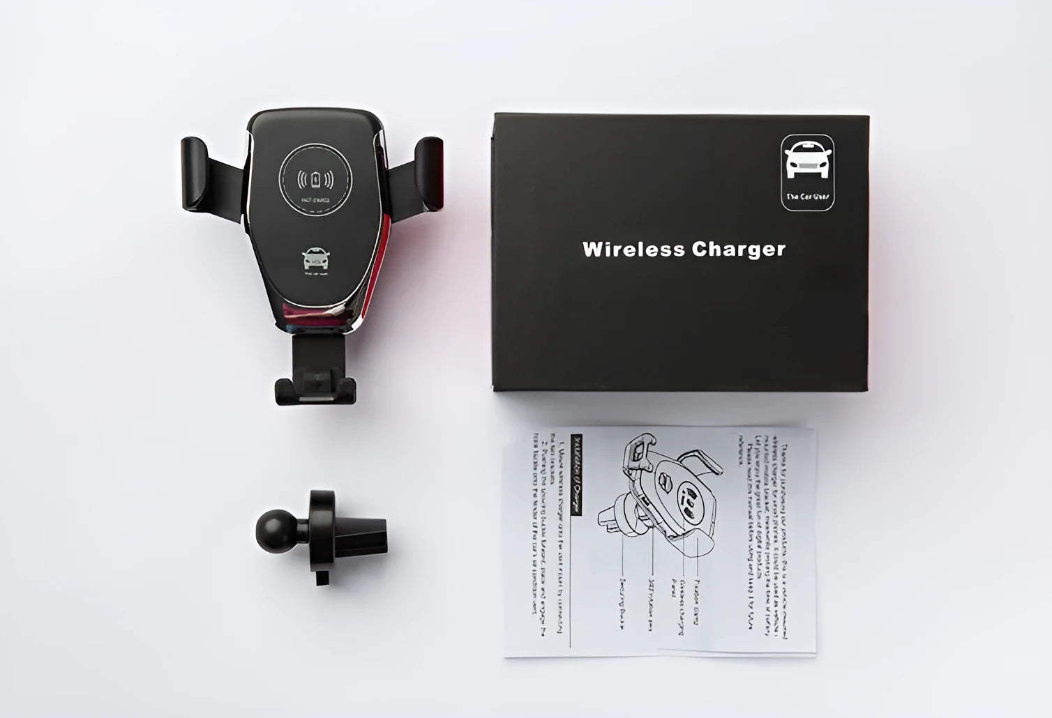 Black car wireless charger mounted on dashboard charging iPhone automatically