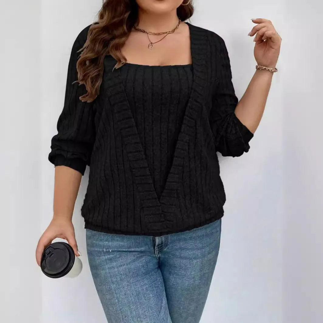 Solid colour rib fabric false two-piece suit with V-neck and long sleeves in loose fit