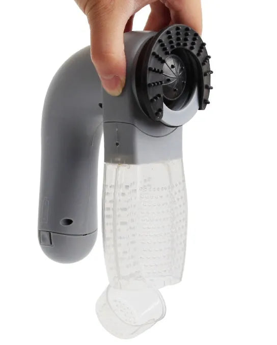 Grey portable electric pet hair vacuum cleaner with soft rubber brush head for dogs and cats