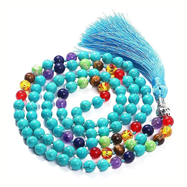 Geometric agate tassel necklace with colourful stone beads measuring 95-100cm in length