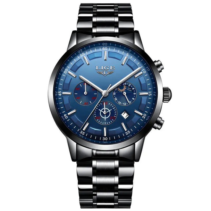 Men's waterproof quartz sports watch with 12mm case in black and rose red gold colour