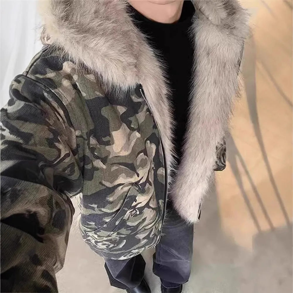 Men's retro washed camouflage fur collar hood jacket with loose fit and cotton lining