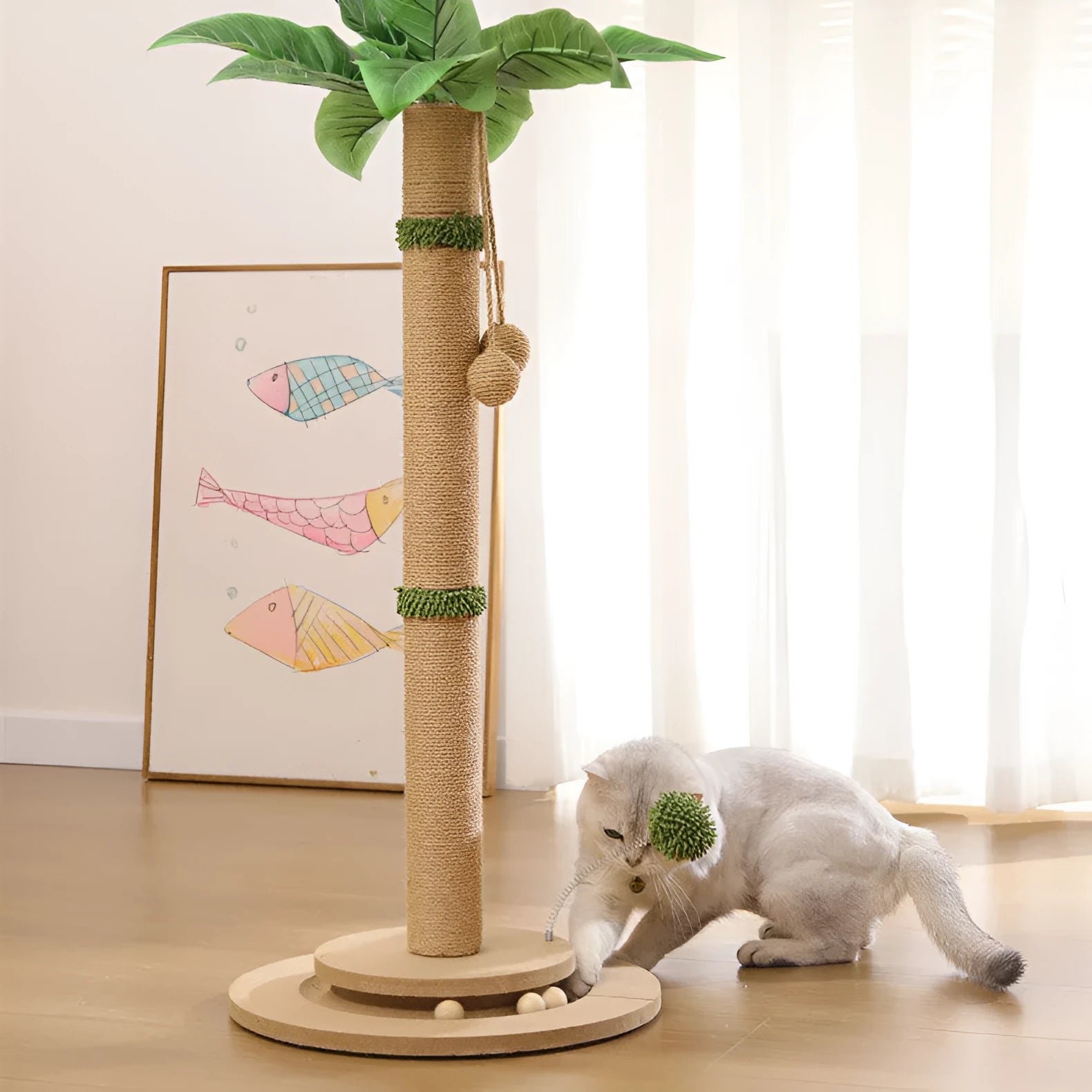 Simple cat climbing frame with hemp rope posts and canna-coloured grab columns
