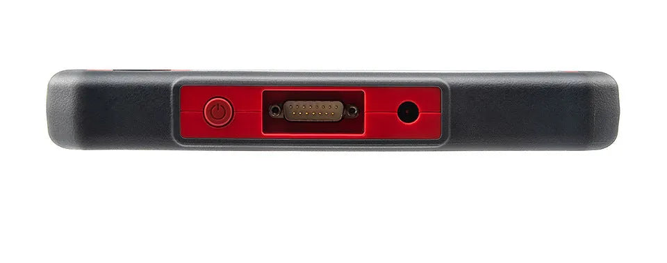 Red car fault decoder with 7 inch IPS touch screen displaying diagnostic data, with Mini USB and power button visible