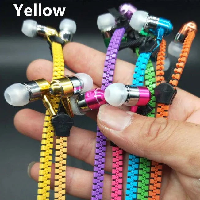 Blue wired earphones with glowing zipper cord, alloy metallic housing, and gold-plated 3.5mm plug