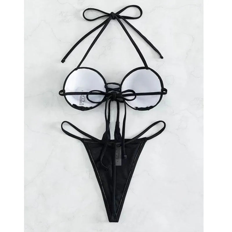 Black bandage bikini set with backless top and high-waist brief with hot drilling detail