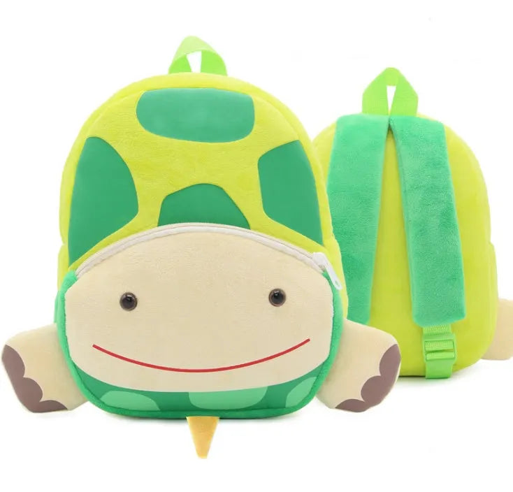 Cute plush animal backpack for children in elephant design, showing front zipper and straps.