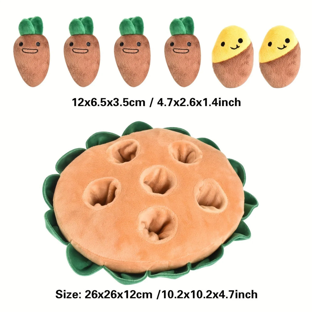 Yellow interactive dog puzzle toys with sniffing pads, feeding mats, and removable squeaky plush toys