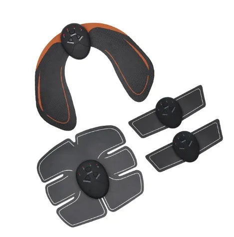 EMS hip muscle training stimulator with remote control and two gel pads in orange
