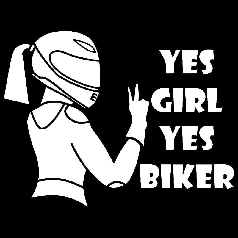 Cool girl rider character car sticker in waterproof pet material, size 16cm by 15cm