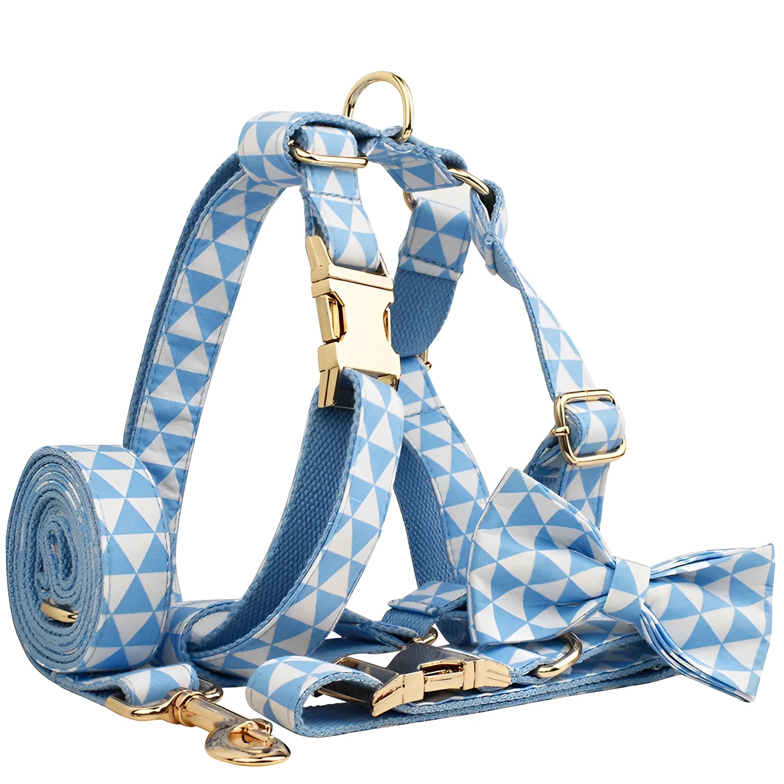 Blue triangular ring rope dog harness set with collar, lead, decorative bow and vest on cloth material