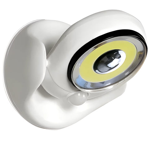 White Atomic Angel induction light with ABS plastic housing measuring 13.3cm wide