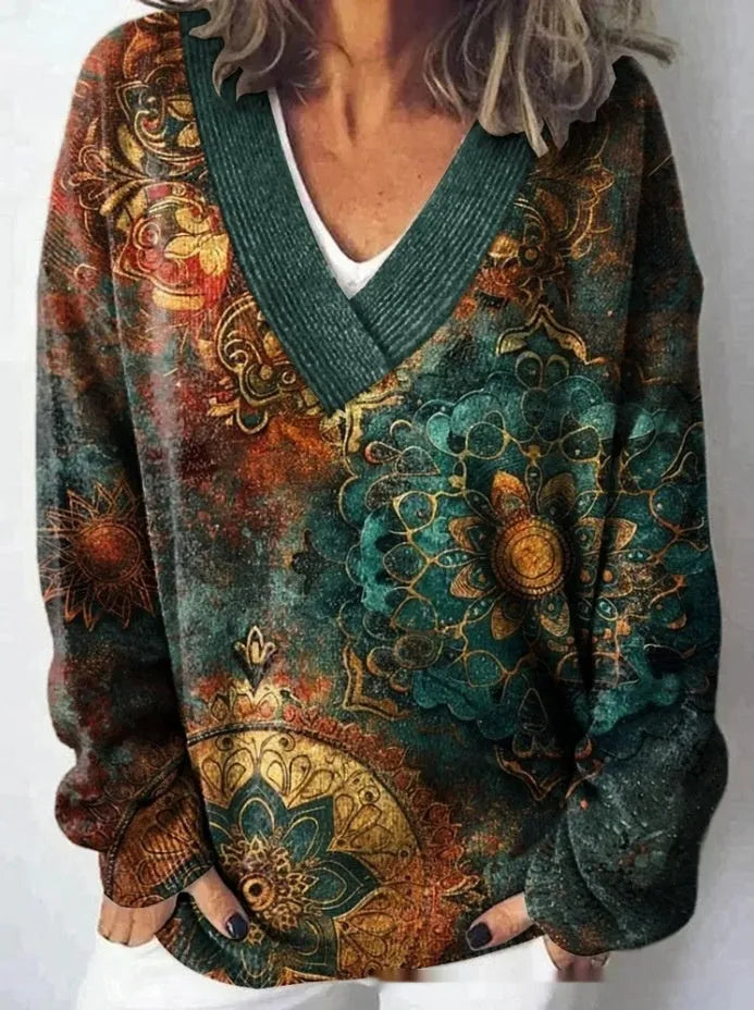 Women's V-neck long sleeve sweatshirt with a detailed 3D floral printed pattern in a retro style.