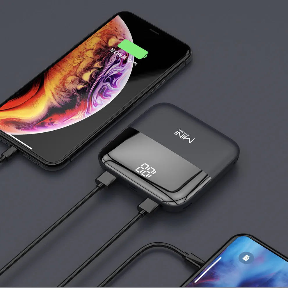 10000mAh portable power bank with digital display and dual USB ports in multiple colour options