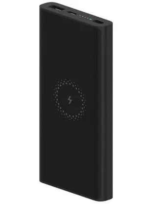 Black and white 10000mAh capacity power bank with wireless charging and fast charge support.