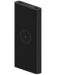 Black and white 10000mAh capacity power bank with wireless charging and fast charge support.