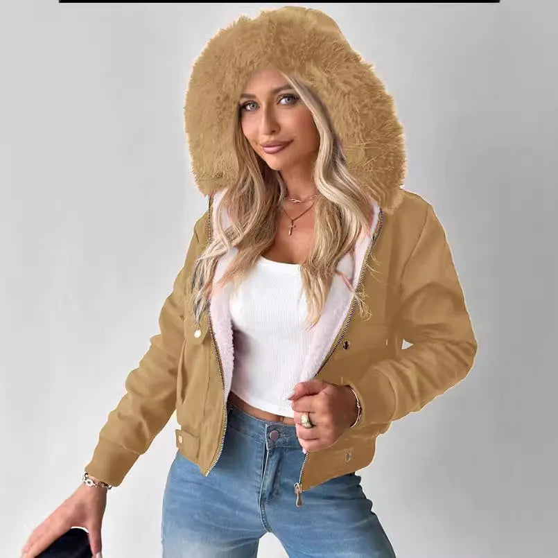 Women's casual hooded jacket with furry lining in Black, long sleeves, polyester fabric