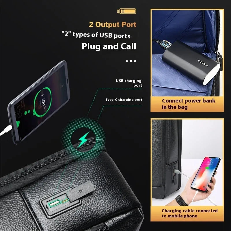 Black business leather backpack with USB charging port and curved shoulder straps