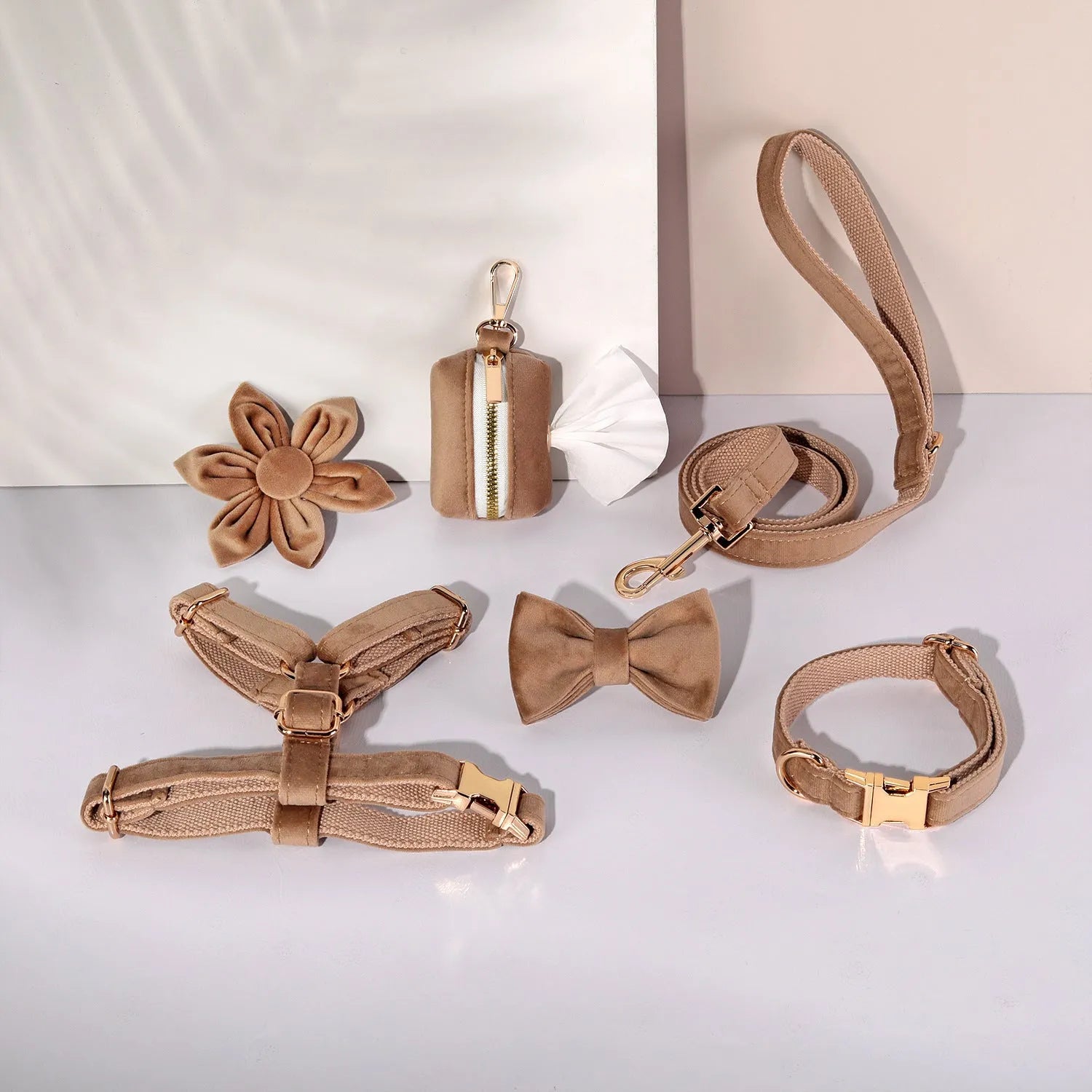 Classic velvet dog collar and matching traction rope set with bow tie and flower decoration.