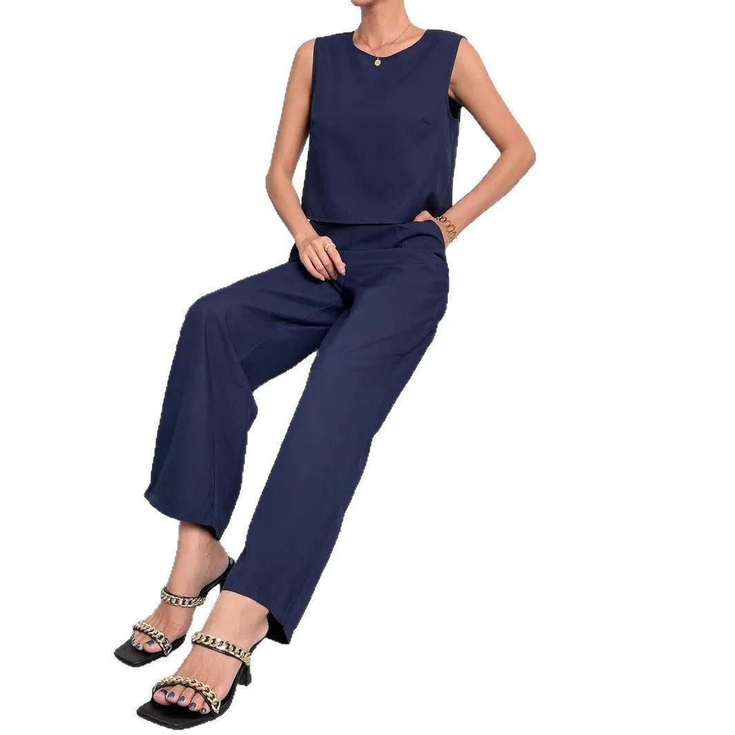 Red sleeveless top and wide leg pants two-piece outfit set for women.
