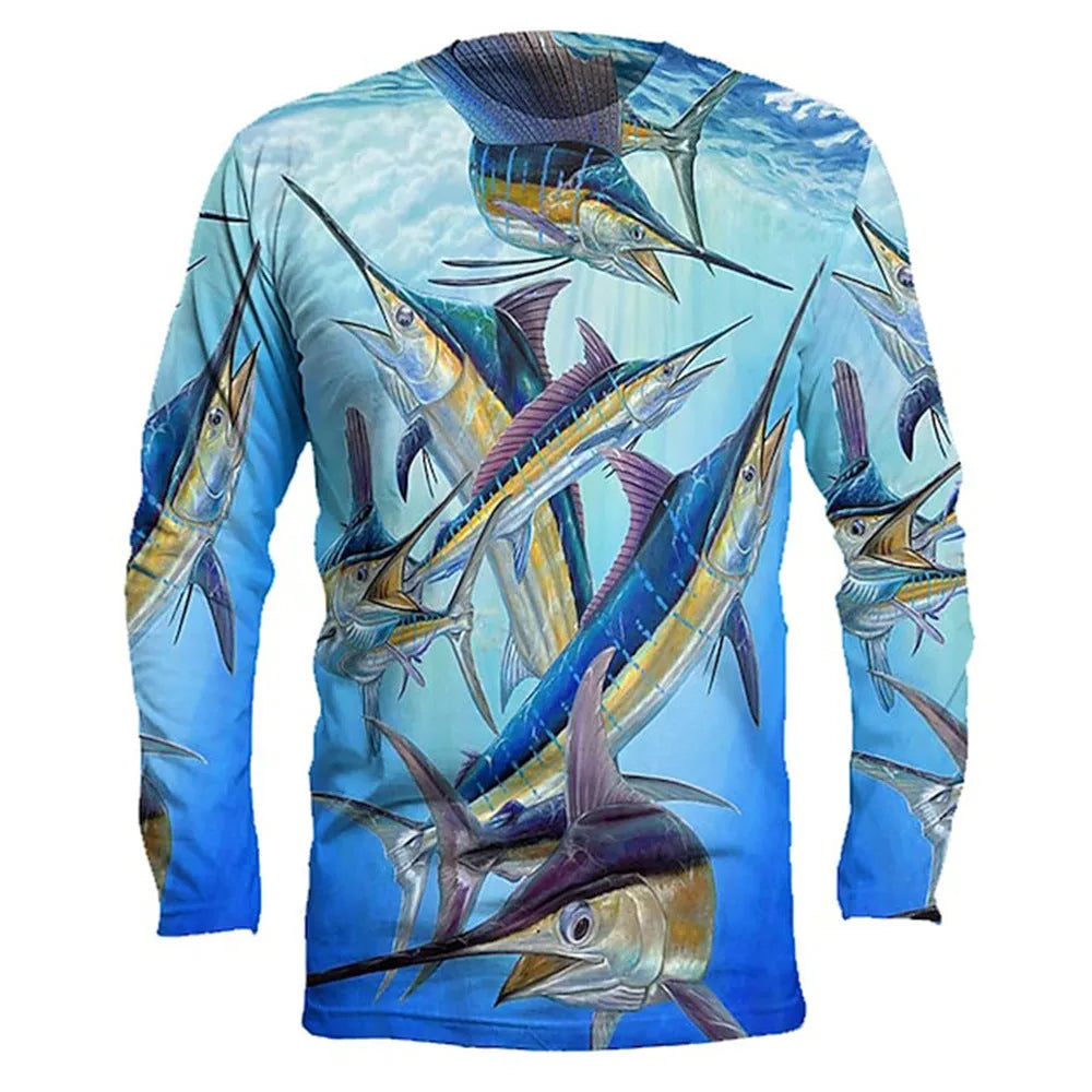 Men's fish printed long sleeve pullover top in milk silk fabric with round neck