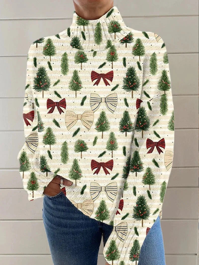 Women's Christmas printed turtleneck pullover sweater in loose casual style with long sleeves