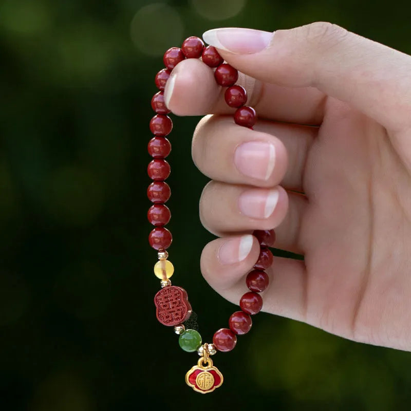 Emperor Sandstone cinnabar bracelet with fu character bead in new Chinese style