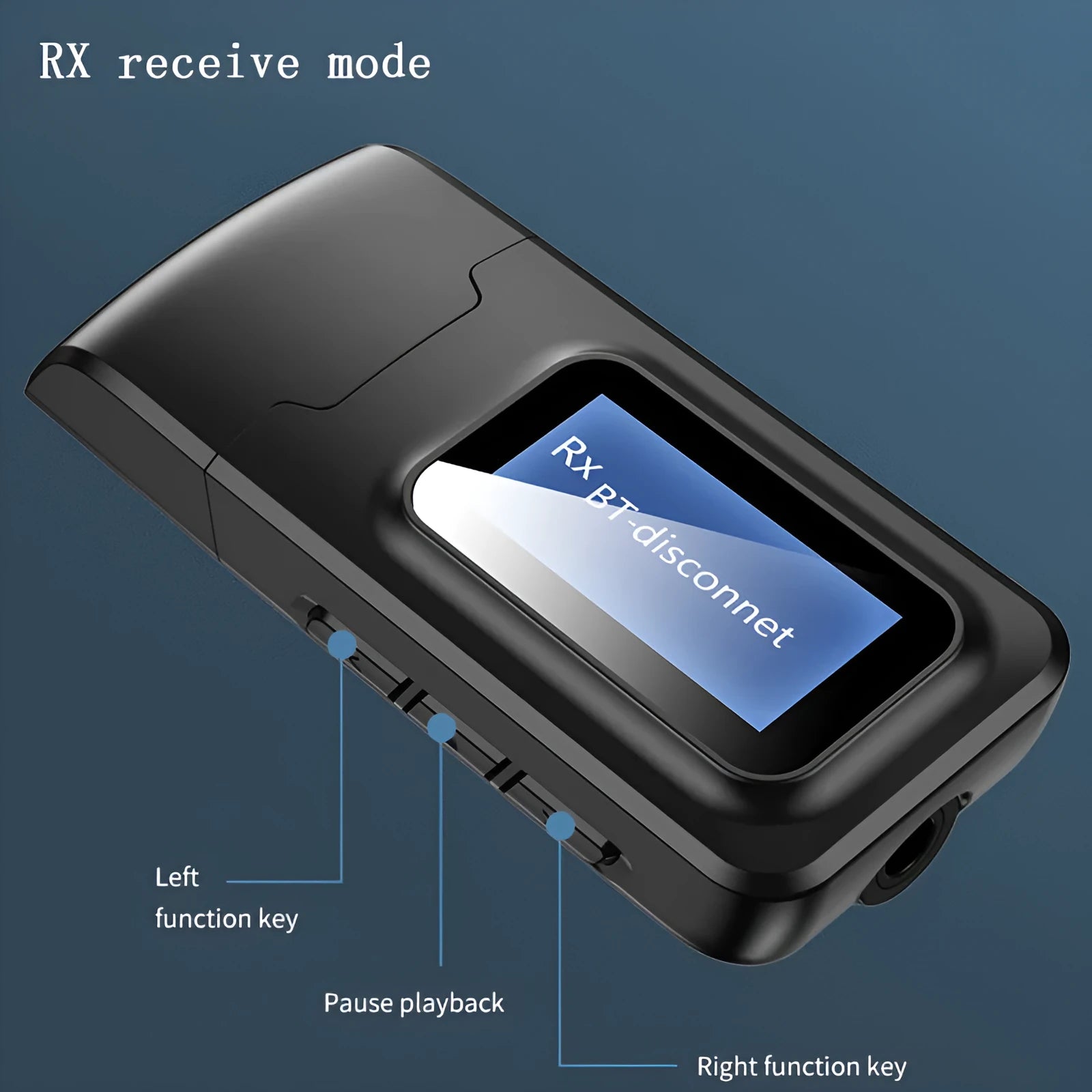 Black two-in-one Bluetooth adapter with screen display and 3.5mm audio input