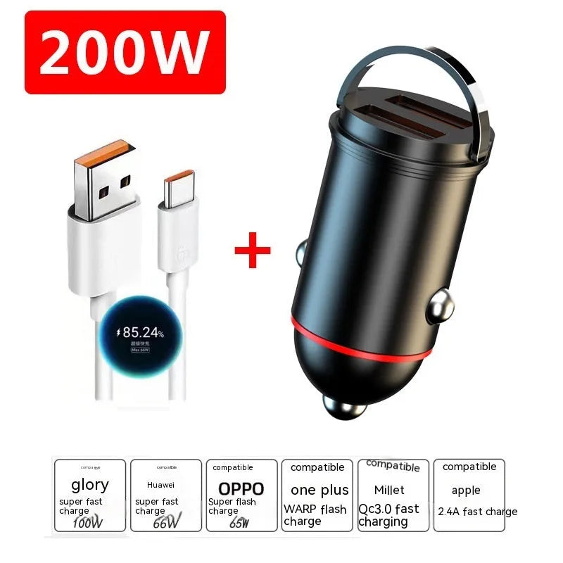 Black zinc alloy car charger with USB port, showing compact dimensions for vehicle use.