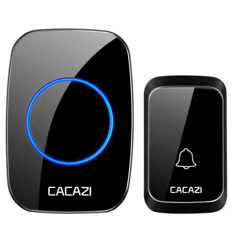 Wireless battery-powered DC doorbell with black transmitter and receiver for outdoor use 300 metre range