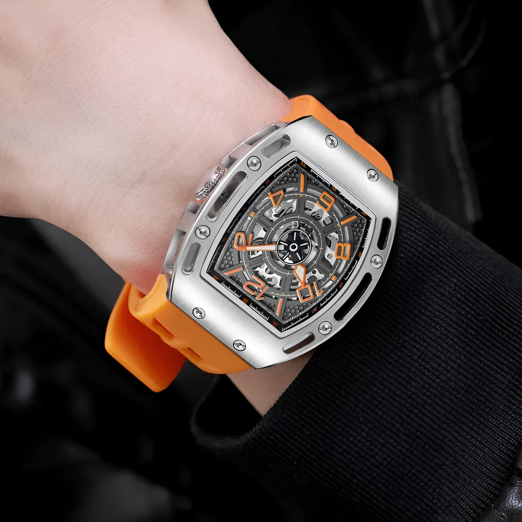 Men's barrel-shaped large dial watch with black ribbon silicone strap, alloy case, and mineral glass