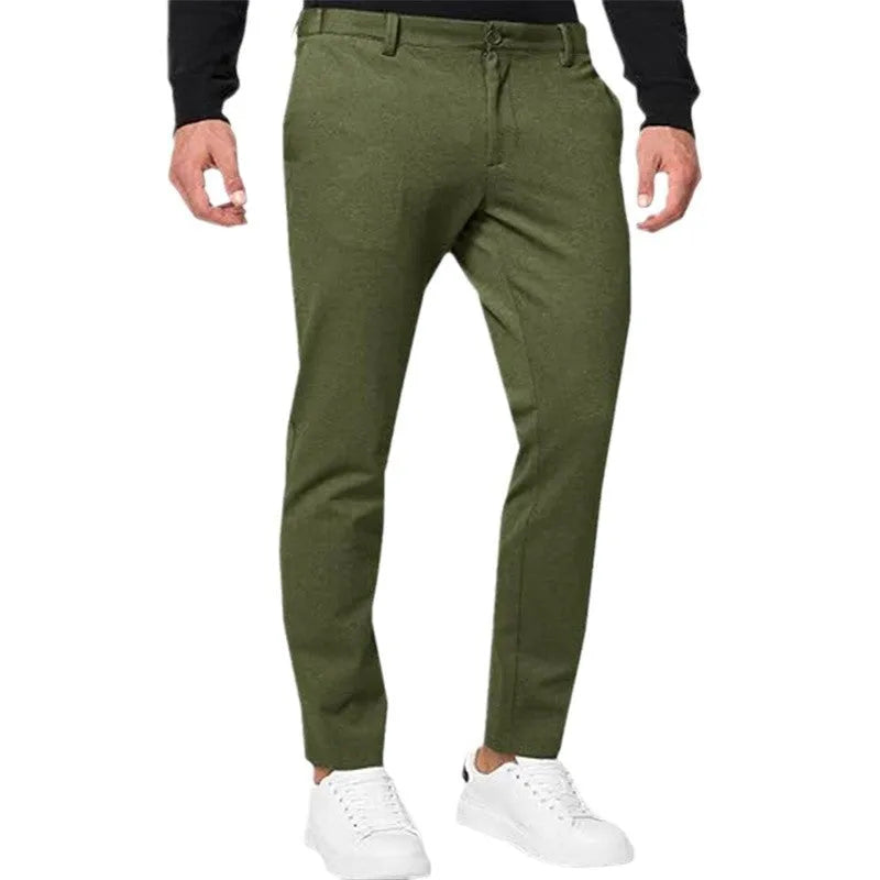 Men's slim-fit tapered chino trousers in a stretch cotton blend fabric, shown in army green colour.